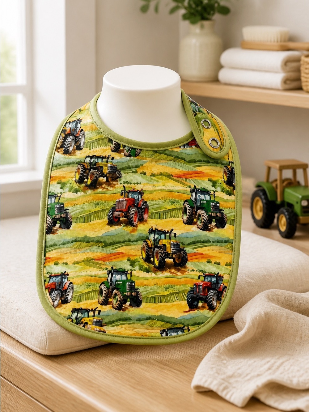 NWT BAMBOO Baby BIB with Snap Closure Tractor Design